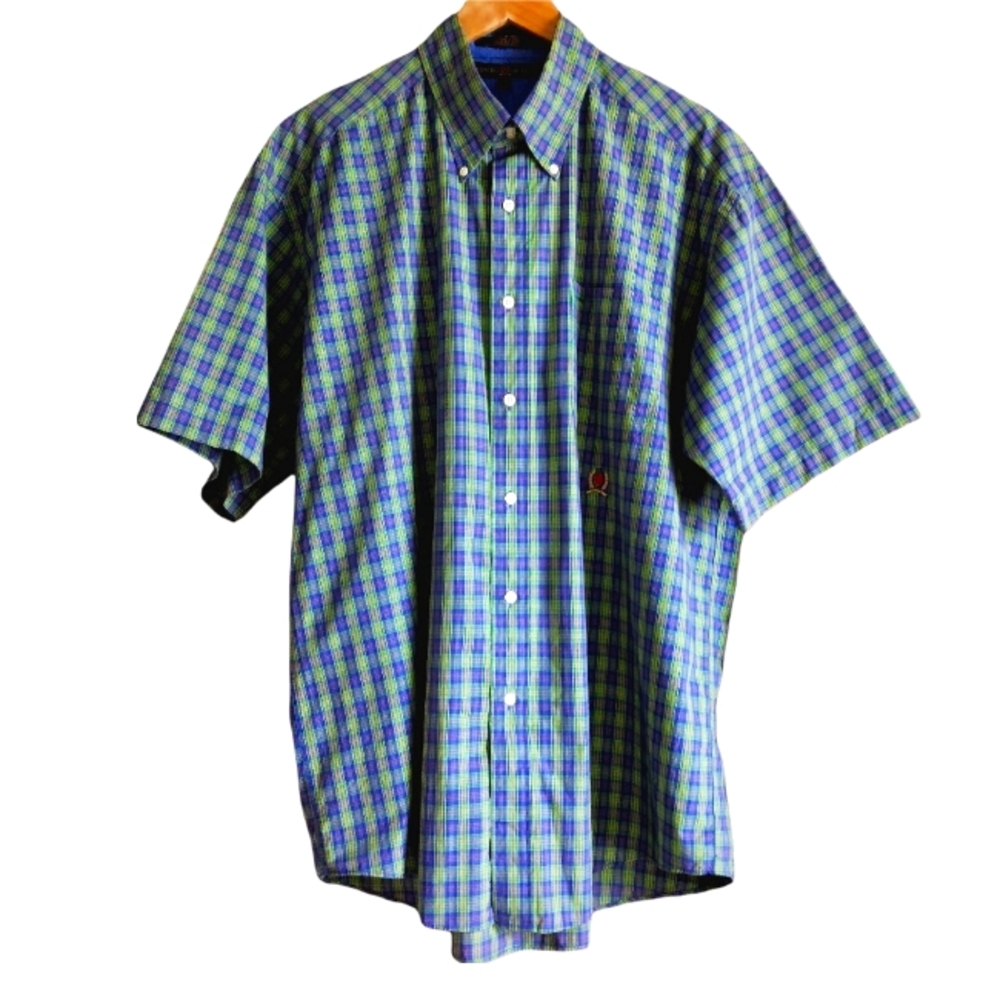 Tommy Hilfiger blue, green, red plaid short sleeve shirt with crest size large - Picture 2 of 10